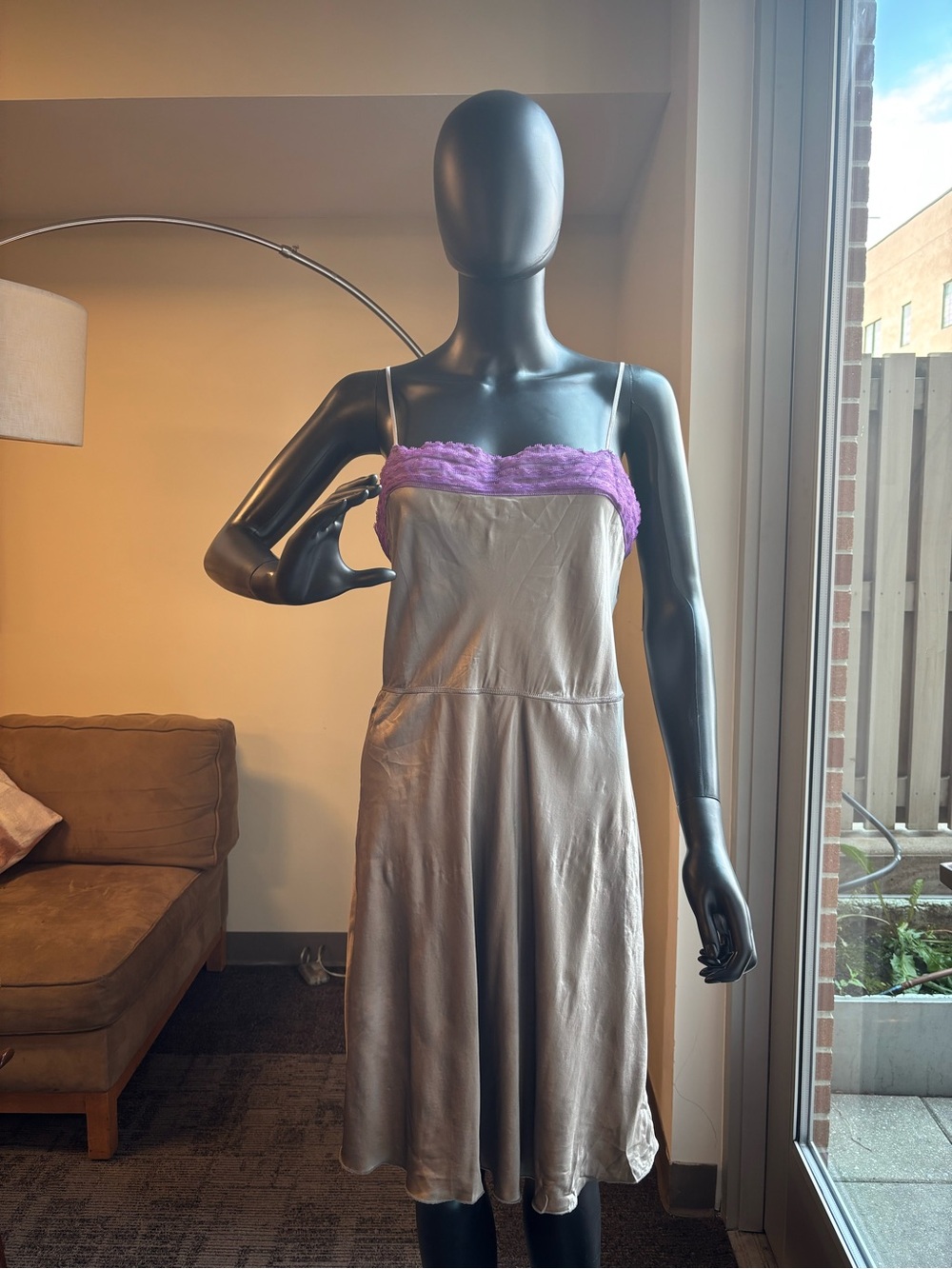 Free People Cream Slip Dress with Purple Lace Trim